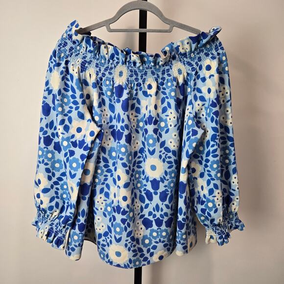 Tuckernuck Off Shoulder Marguerite Top Blouse Blue Floral Majolica XL Resort - Picture 2 of 7